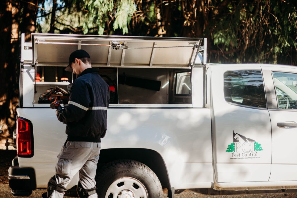 Collin County pest control technician preparing inspection equipment.